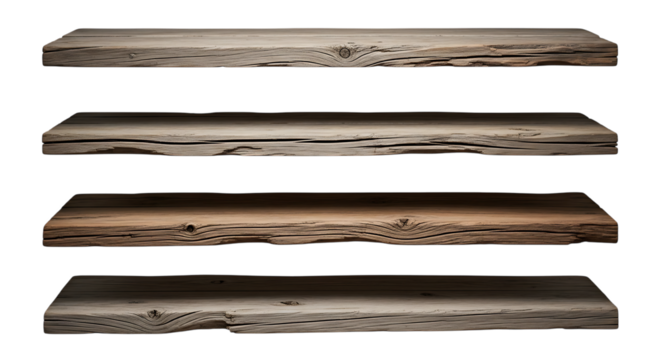 Four rustic aged wooden shelves with rough edges isolated design