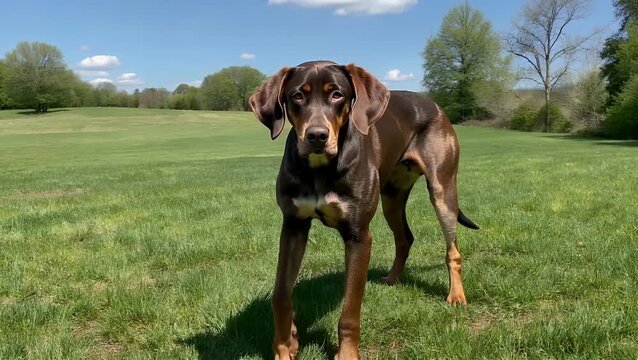 powerfully built brown canine of the German Shorthaired Pointer breed is holding a stationary pointing stance in a verdant grassy meadow on a bright and sunny day in the spring