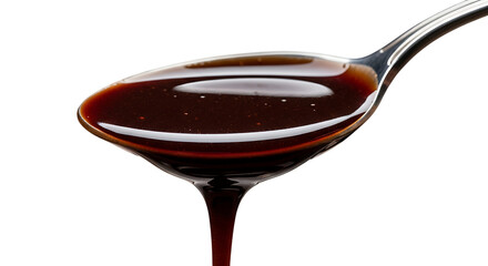 Viscous dark liquid honey or syrup slowly dripping from spoon