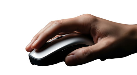 Hand operating a wireless computer mouse on a white background