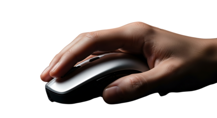 Hand operating a wireless computer mouse on a white background