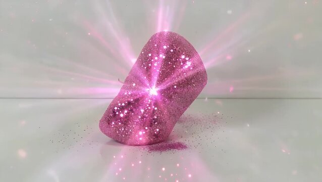 visual substance characterized by its vibrant pink hue and composed of numerous small  reflective particles that catch and scatter