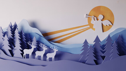 Cartoon illustration of winter forest landscape with snow and trees for Christmas holiday card design.