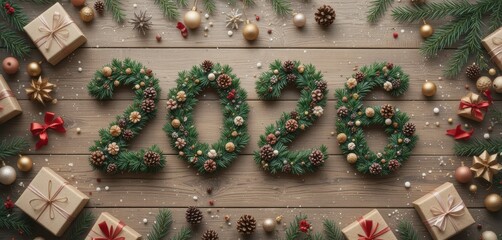 2026 Christmas and New Year Welcome: Numbers adorned with pine wreaths, pine cones, and festive ornaments resting on a wooden table, offering a cozy, rustic winter holiday atmosphere.