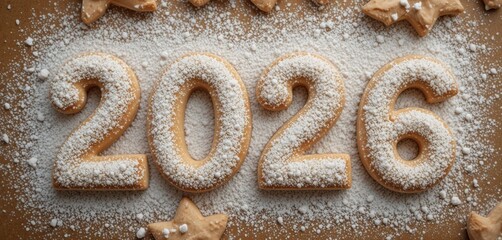 2026 Sugar-Dusted New Year Cookies: Gingerbread cookie numbers dusted with fine icing sugar, featuring star shapes, symbolizing warm baking and the festive winter holiday season.