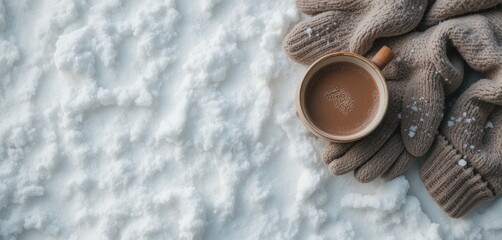 Cozy Winter Holiday: Knitted gloves and a mug of hot cocoa in a clean white snowy winter setting, symbolizing warmth, comfort, and relaxation during the end-of-year festive season.