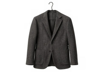 Grey wool blazer jacket for men hanging on a hook, presenting formalwear fashion with transparent background