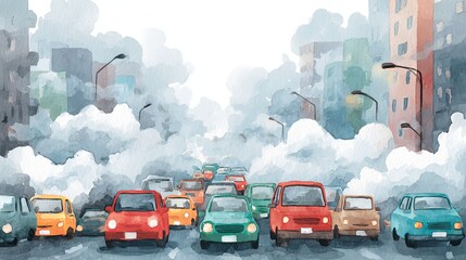 A colorful watercolor depiction of a traffic jam, with various cars surrounded by smog and tall buildings in the background.