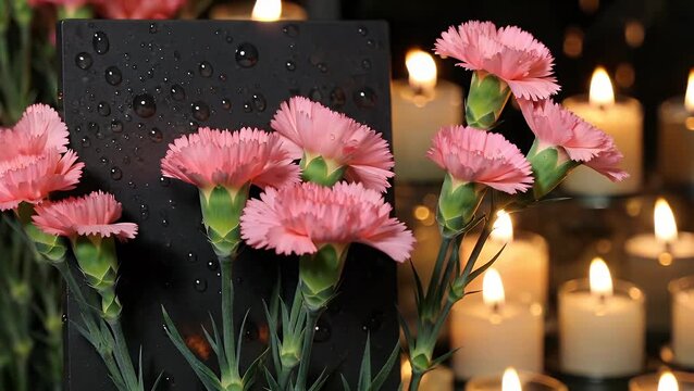 sorrowful and somber out-of-focus backdrop featuring illuminated wax candles and a single carnation blossom placed upon a dark commemorative plaque for a funeral remembrance