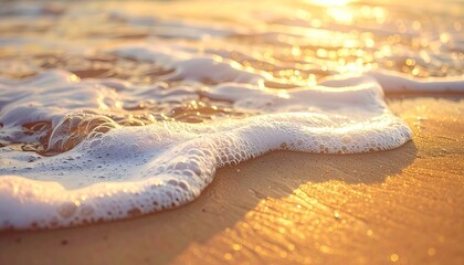 Obraz premium Golden Hour Sunlight Sparkles on Gentle Ocean Waves Rolling onto a Sandy Beach Shoreline Reflecting Warm Light and Creating a Serene Coastal Atmosphere