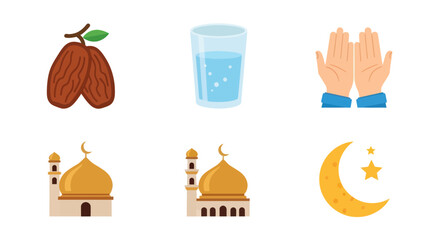 Islamic symbols for Ramadan and Eid celebrations including dates water mosque and crescent moon.