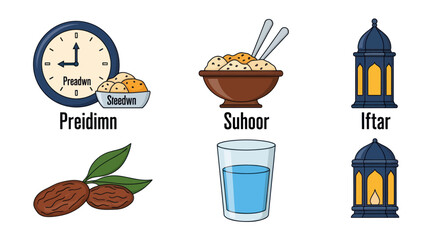 Ramadan fasting time and food illustrations for religious celebration.