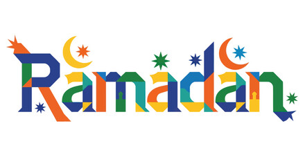 Colorful Ramadan Text with Crescent Moon and Star Decorations.