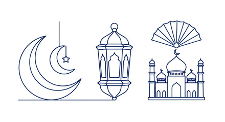 Islamic Ramadan festive symbols crescent moon lantern mosque fan.