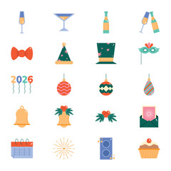 Happy New Year Flat Icons Set