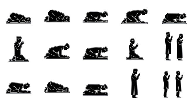 Illustrations of Muslims Praying in Various Positions.