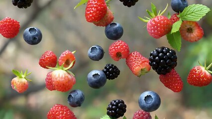 fresh edible berries and aromatic mint leaves captured in a dynamic state of descent against a plain - Powered by Adobe