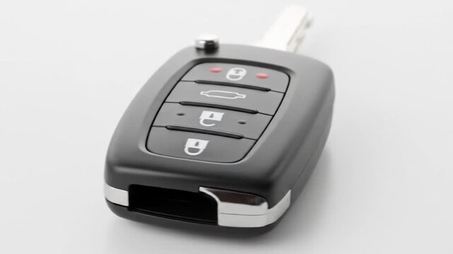 Electronic car remote control key with multiple buttons on a white surface