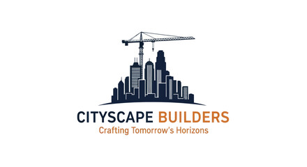 Obraz premium Cityscape Builders construction logo with a crane over urban skyscrapers.