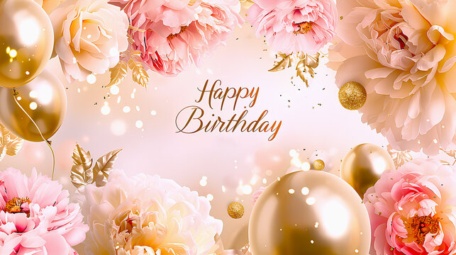 Floral Birthday Wishes: A celebratory card adorned with beautiful flowers and golden balloons, conveying warm birthday wishes and adding a touch of elegance.