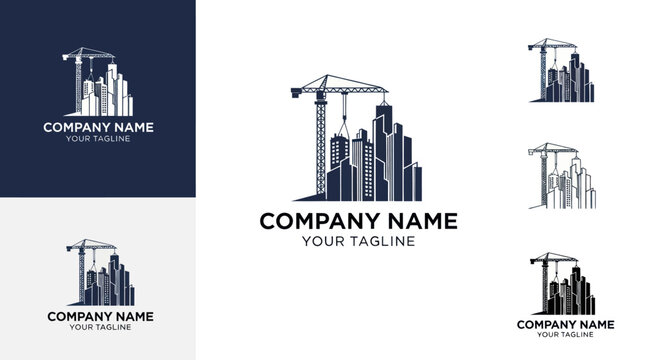Construction Crane and Cityscape Silhouette Logo Design.