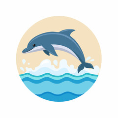 Cartoon Dolphin Leaping from Ocean Waves in Circular Design.