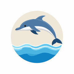 Cartoon Dolphin Leaping Over Waves in a Circle.