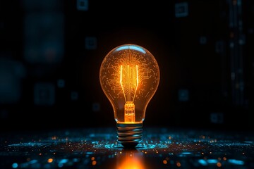 A glowing light bulb filled with circuitry, symbolizing innovation and technology, set against a futuristic digital backdrop of blue data streams and floating code blocks.