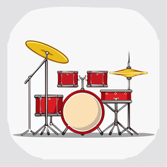 Cartoon Drum Set with Red Drums and Golden Cymbals Illustration.