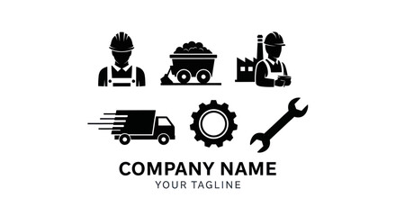 Industrial Services Logo Featuring Worker, Mining Cart, Factory, Truck, Gear, and Wrench.