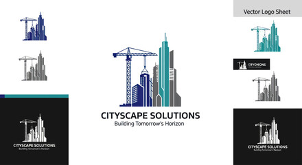 Obraz premium Cityscape Solutions Logo Design with Skyscrapers and Crane.