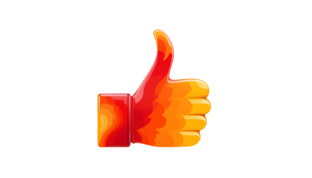 Bright orange hand giving thumbs up sign with abstract background showing approval support and