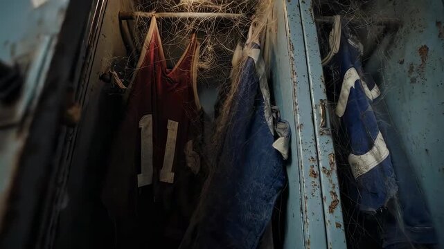 Dusty old lockers with cobweb-covered jerseys hanging inside under a dim light, suggesting long abandonment and forgotten memories.