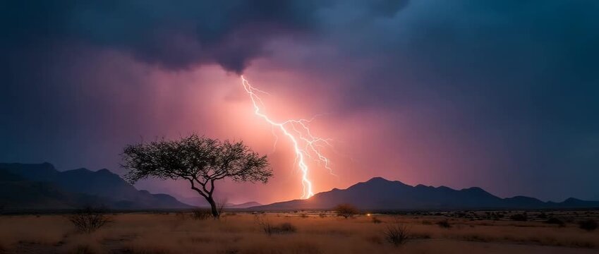 A striking lightning strike on a tree during a nighttime thunderstorm