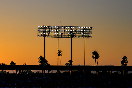 baseball lights at sunset