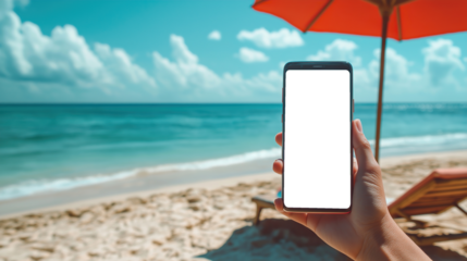 Hand Holding Smartphone with Transparent Screen Over Ocean Waves, Sunny Beach Vacation Technology Concept, Clean Minimal Cutout