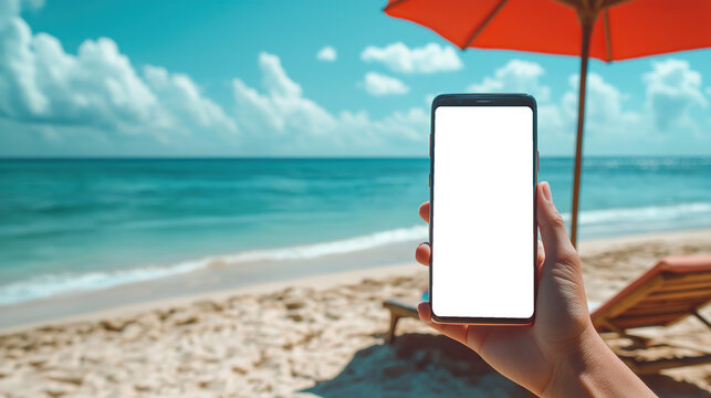 Hand Holding Smartphone with Transparent Screen Over Ocean Waves, Sunny Beach Vacation Technology Concept, Clean Minimal Cutout