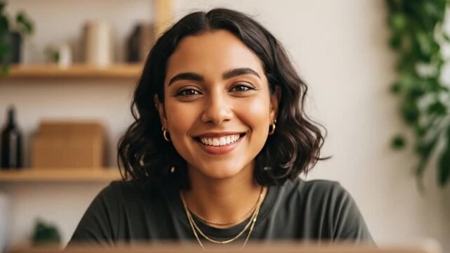 A happy woman at her laptop symbolizes the joy of remote work and positive digital connection. The concept of inspiration is seen when she looks up and then smiles at the camera, representing the sati