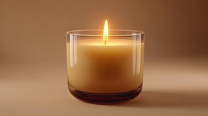 Vanilla scented candle burning on beige background concept. A soothing candle with a warm flame, perfect for relaxation.