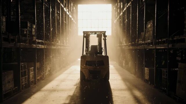 A forklift stands in a dusty warehouse aisle as golden sunlight pours through the large open door.