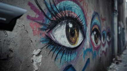 A security camera watches an alley wall painted with a large, colorful graffiti eye.