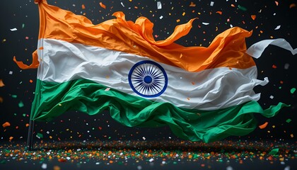 Vibrant Indian national flag waving dynamically with colorful confetti celebrating unity and pride