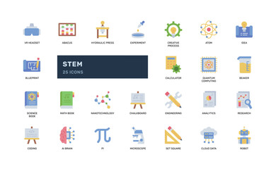 STEM icon set in flat style for science learning and classroom materials