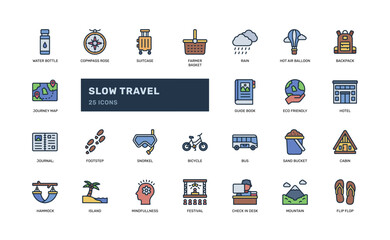 Slow travel icon set in filled line style for sustainable vacation and backpacking