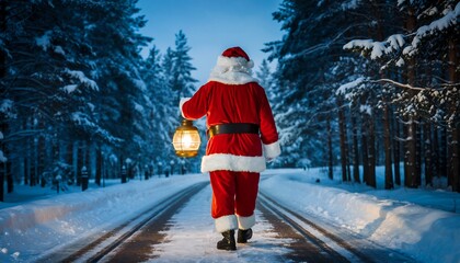 Santa Claus Walking in Snowy Forest Holding Lantern in Winter Night
