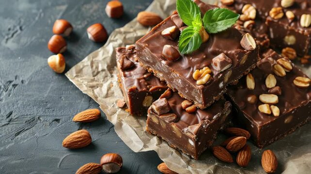 Gourmet chocolate bars with nuts on dark background