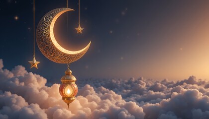 Intricate crescent moon and stars lantern glowing above soft clouds at dusk creating magical