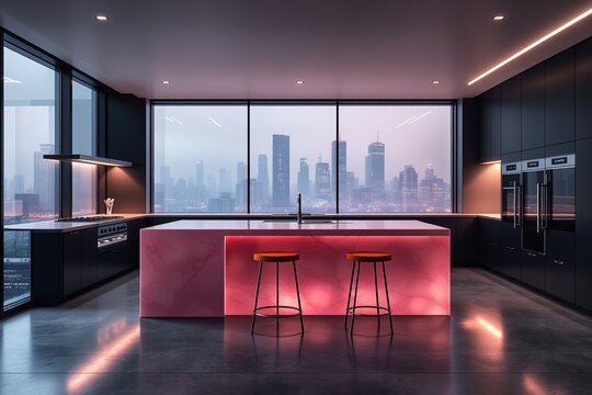Modern sleek kitchen with a glowing pink marble island, black cabinetry, and panoramic city views through floor-to-ceiling windows. A minimalist stool adds contrast to the vibrant centerpiece.