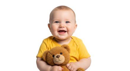 Little baby happily seated on the floor with a cuddly toy