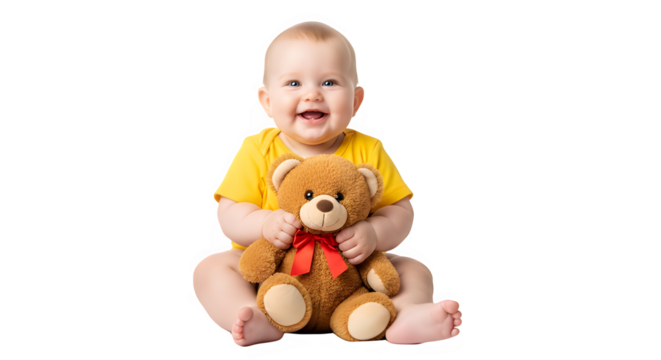 Infant enjoying a quiet moment with a soft teddy bear on the floor